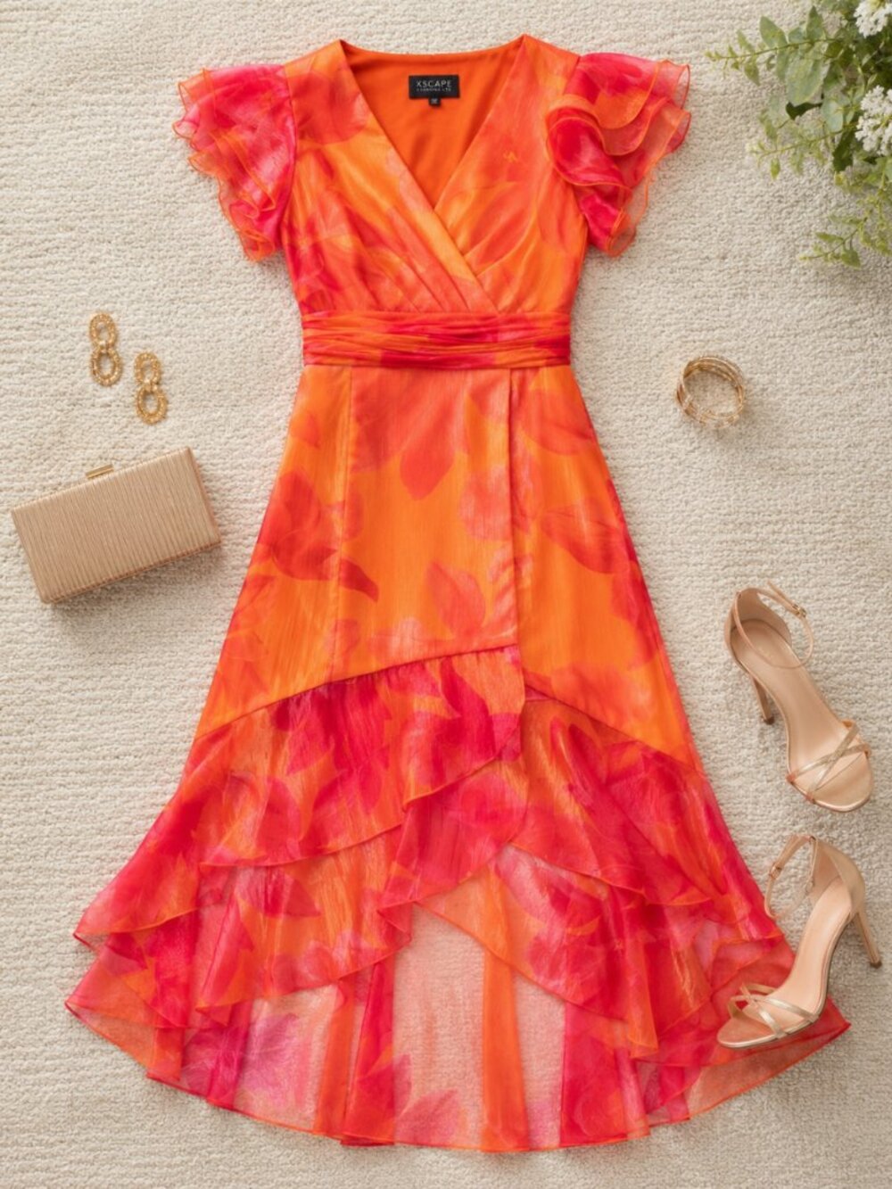 Xscape Orange & Pink Ruffled Midi Dress